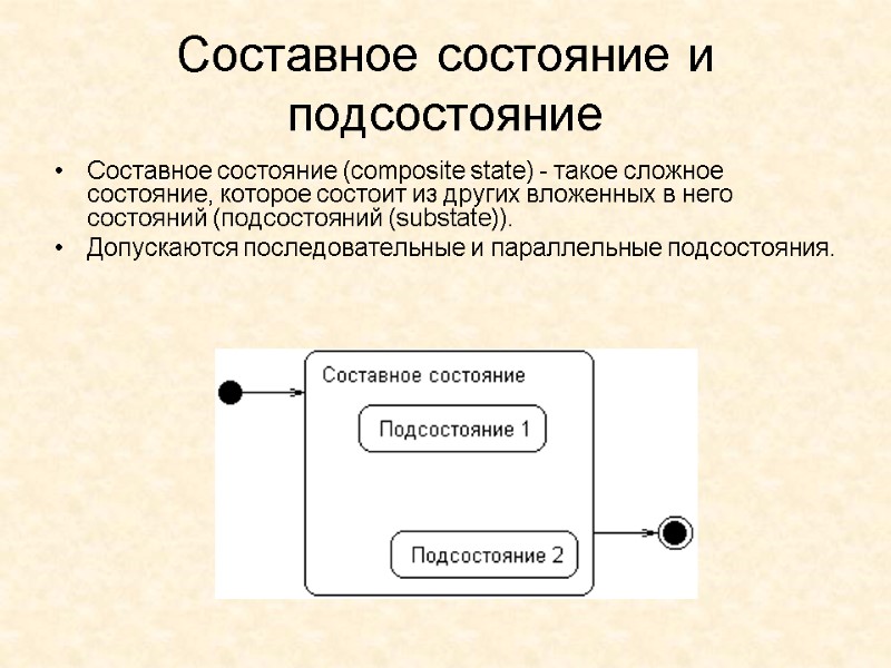 Составное состояние и подсостояние  Составное состояние (composite state) - такое сложное состояние, которое